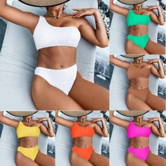Ashley Sexy Ribbed Bikini One Shoulder Swimwear