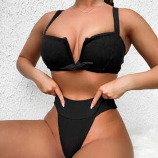 Ashley V-neck Bowknot High Waist Black Sexy Bikini Swimwear