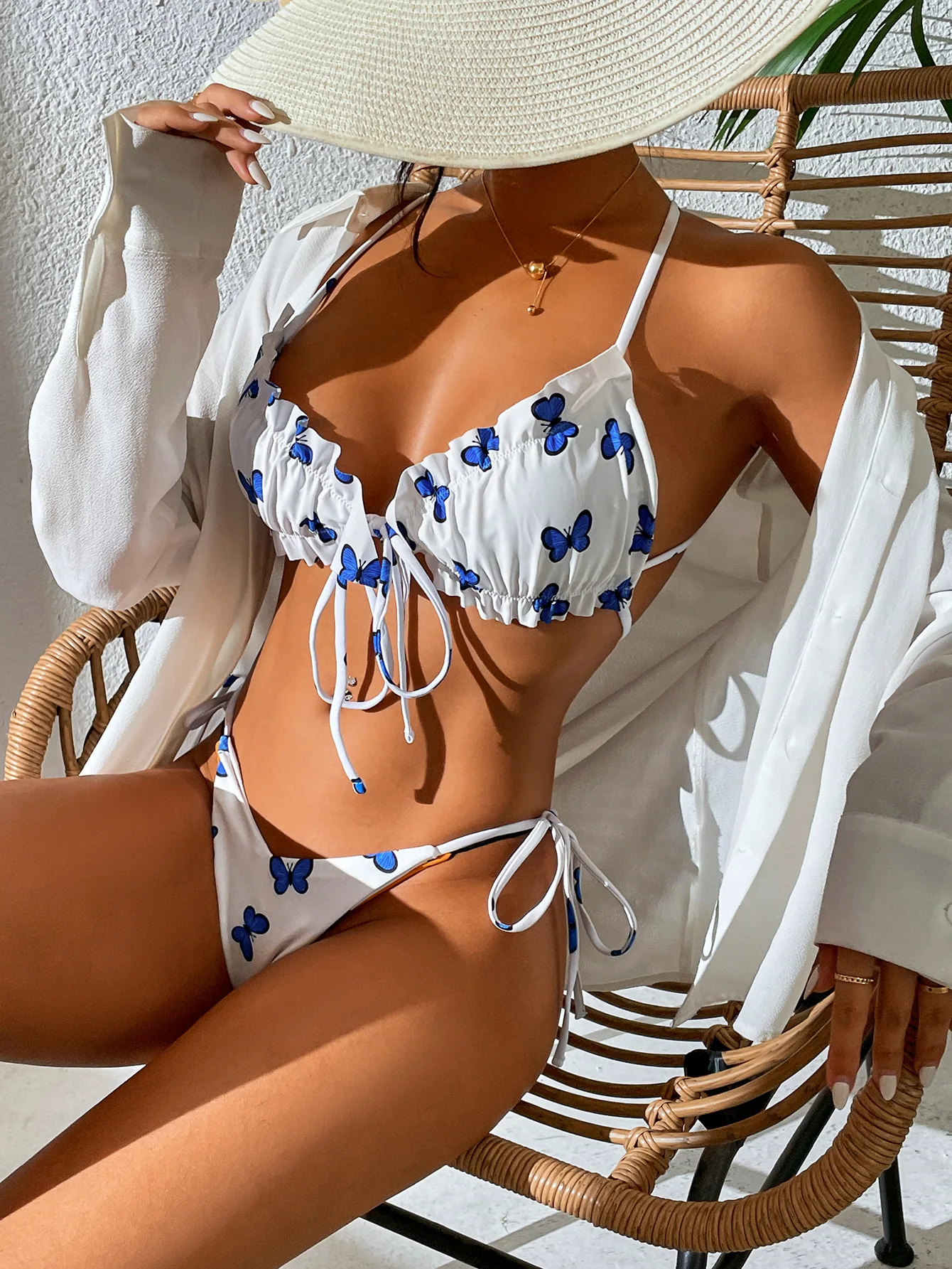 Ashley Pit Stripe Pleated Lace Open Back Sexy Bikini Swimwear - Image 4