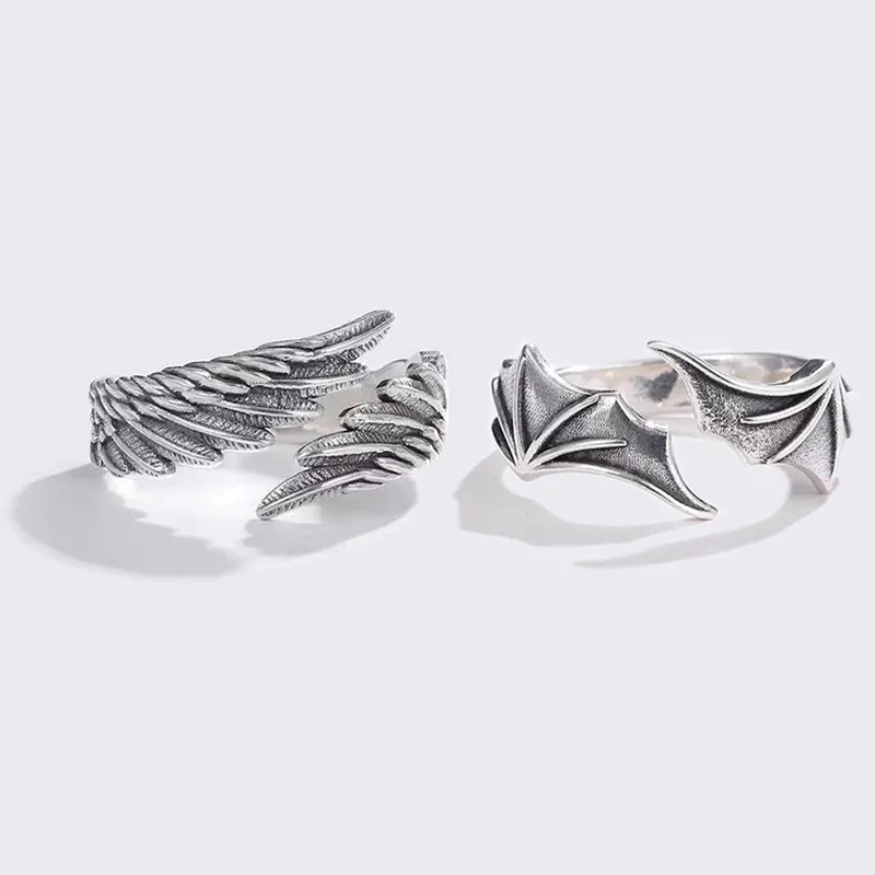 Zeta 65 Retro Angel Demon Wing Couples Rings Vintage Ancient Silver Adjustable Accessories - Image 2