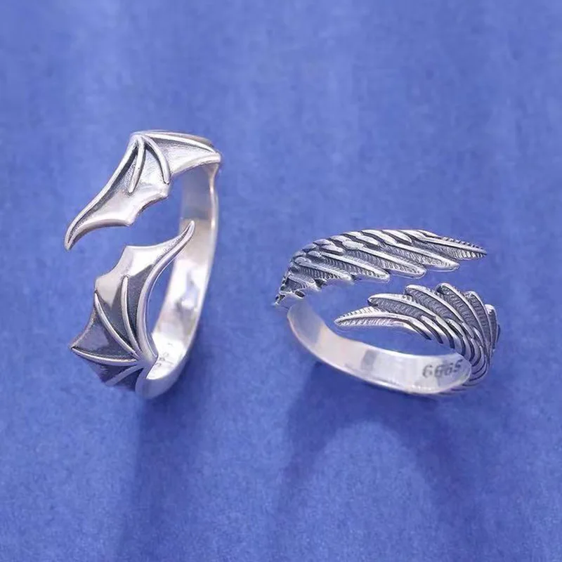 Zeta 65 Retro Angel Demon Wing Couples Rings Vintage Ancient Silver Adjustable Accessories - Image 3