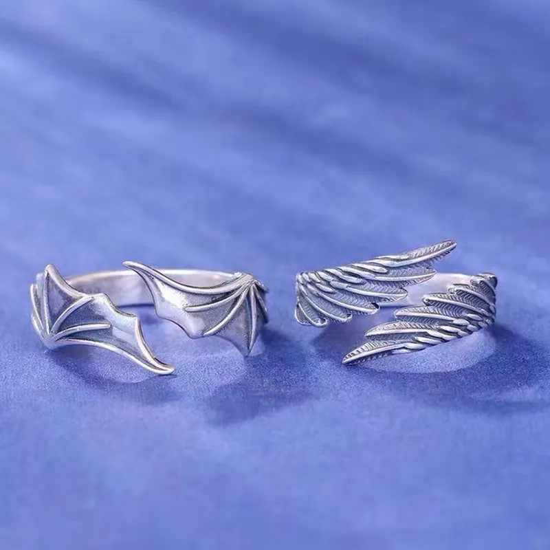 Zeta 65 Retro Angel Demon Wing Couples Rings Vintage Ancient Silver Adjustable Accessories - Image 4