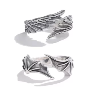 Zeta 65 Retro Angel Demon Wing Couples Rings Vintage Ancient Silver Adjustable Accessories