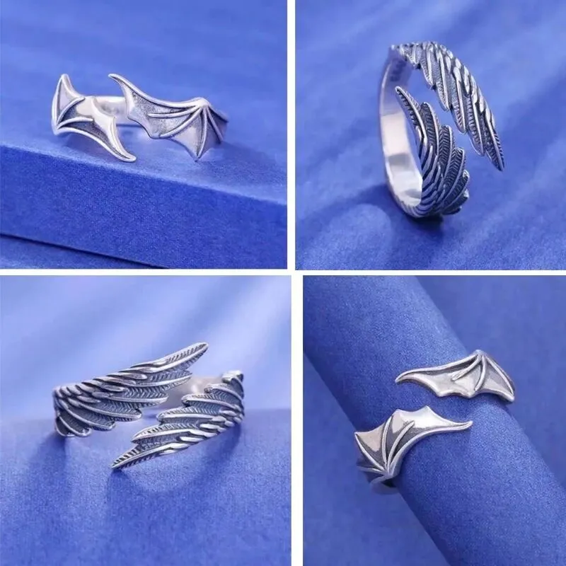 Zeta 65 Retro Angel Demon Wing Couples Rings Vintage Ancient Silver Adjustable Accessories - Image 5